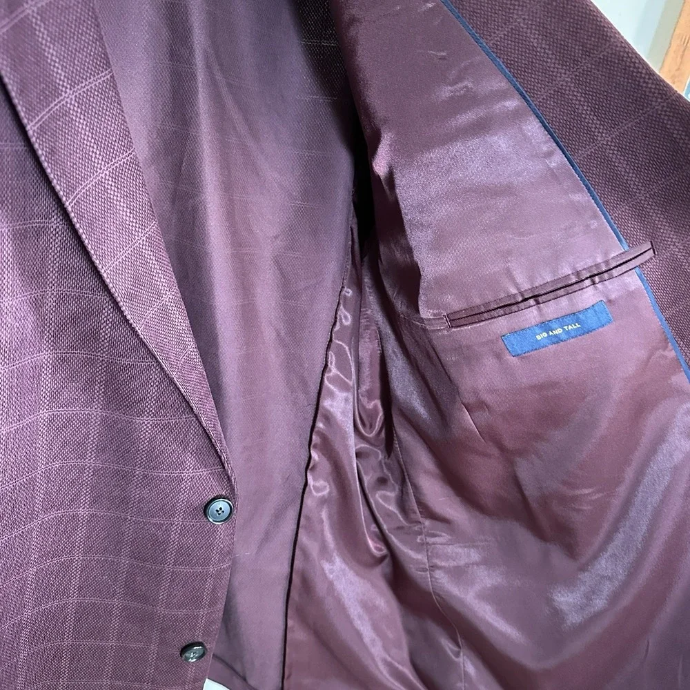 Stafford Mens 60 Long Sport Coat Burgundy Windowpane Cotton Big & Tall Blazer